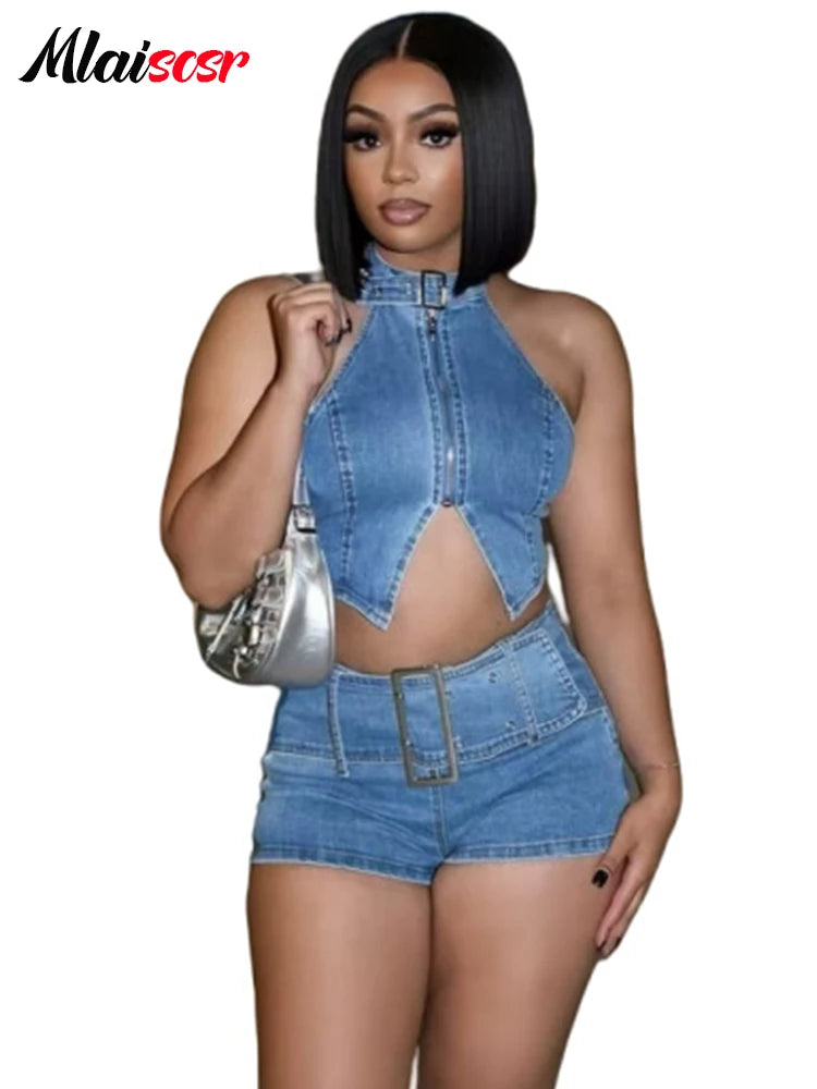 FZ Women's Y2K Cargo Pocket Streetwear 2 Piece Denim Shorts Suit