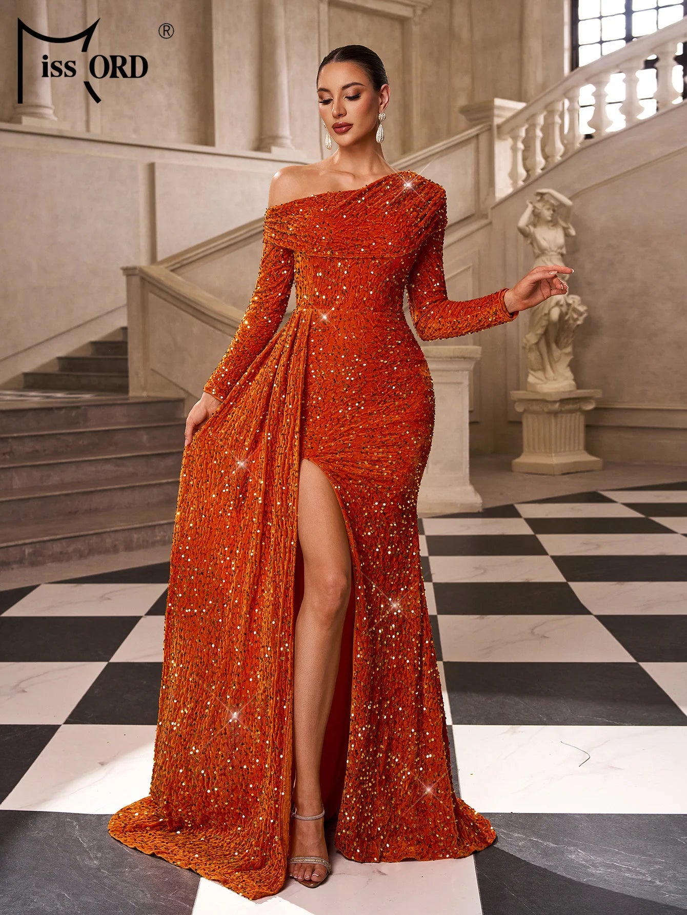 FZ Women's Asymmetric Long Sleeved Sequin Split Evening Dress