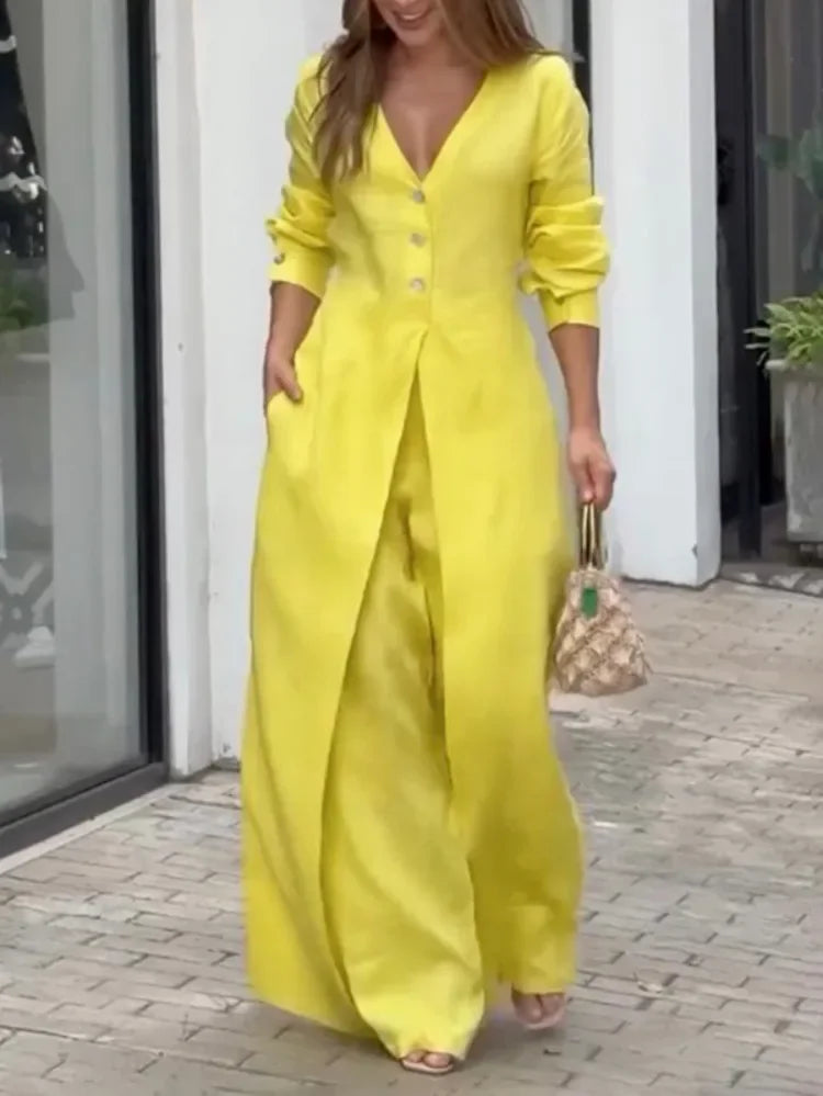 FZ Women's V Neck Long Sleeve Button Front Split Hem Pleated Wide Leg Jumpsuit