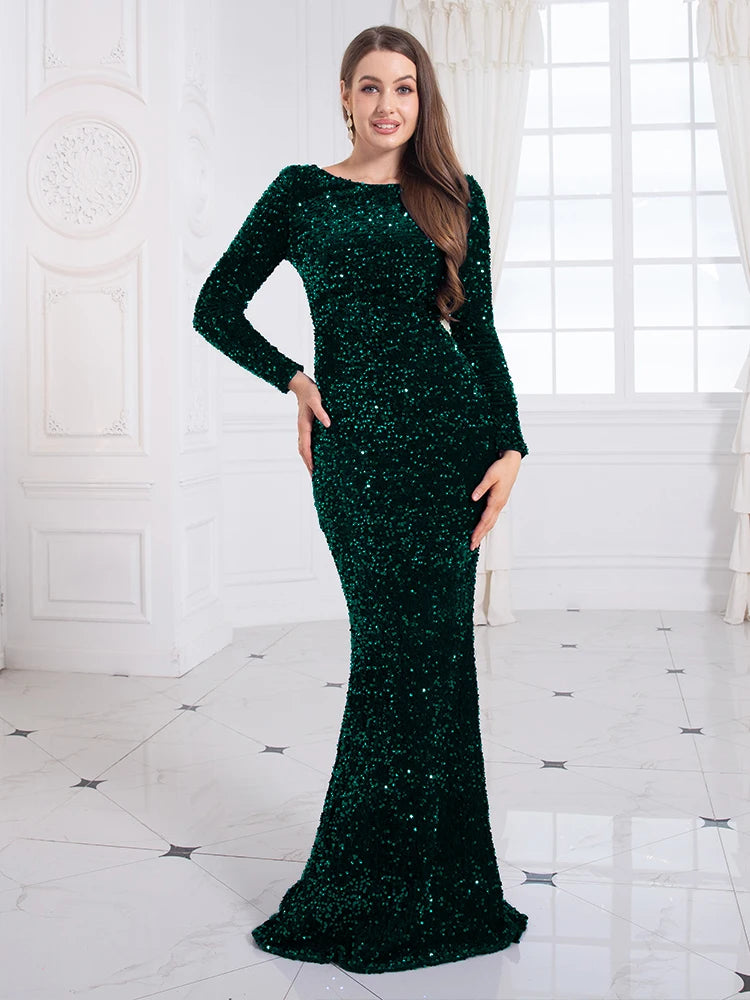 FZ Women Sequin O Neck Full Sleeved Mermaid Evening Dress