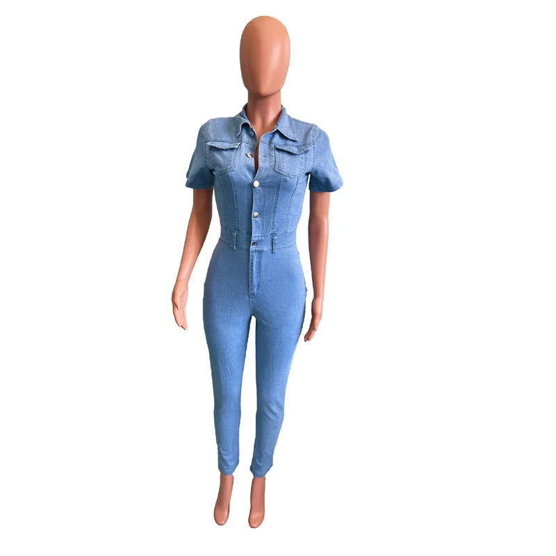 FZ Women's Commuter Slim Fit Pencil Tight Single-breasted Denim Jumpsuit