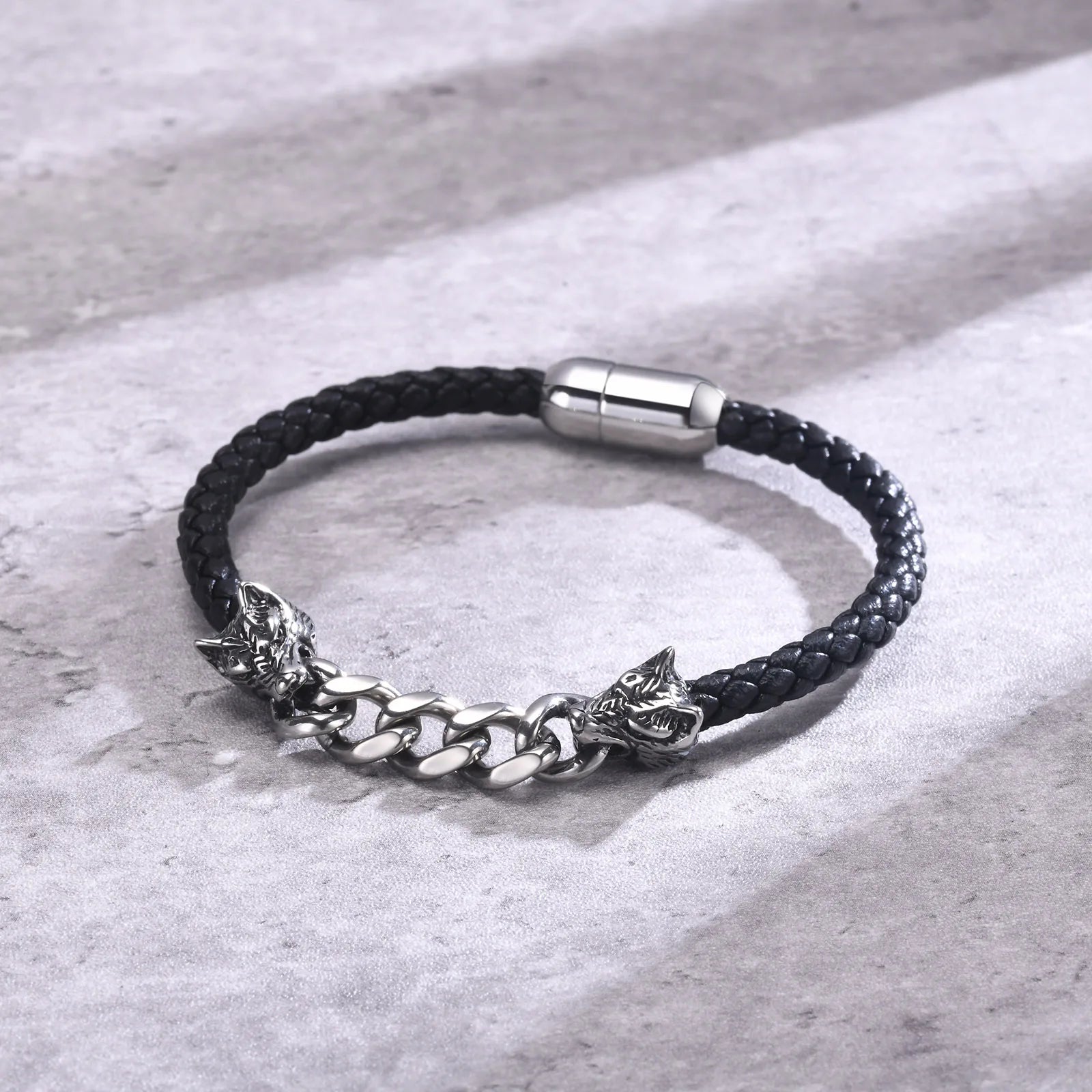 FZ Gothic Double Wolf Heads Braided Rope Chain Stainless Steel Bracelet - FZwear