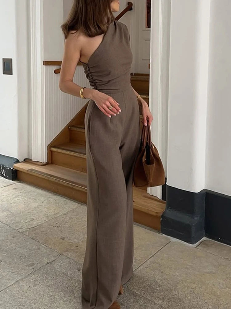 FZ Women's One Shoulder Sleeveless High Waist Wide Leg Jumpsuit