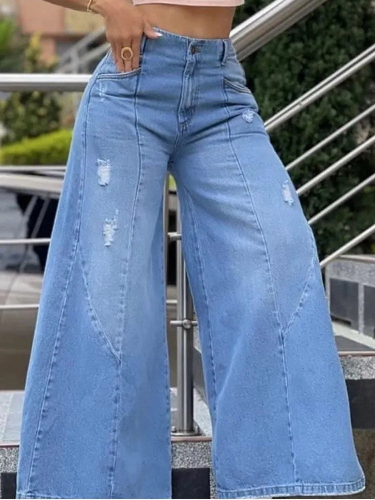 FZ Women's High Waist Holed Wide Legged Floor Dragging Denim Pants - FZwear