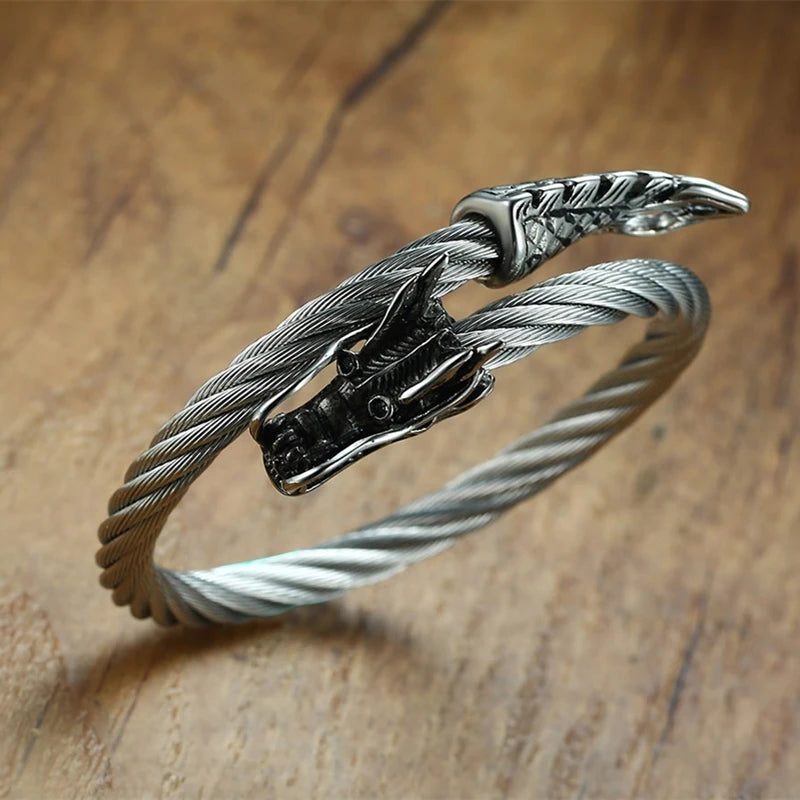 FZ Punk Viking Black Dragon Stainless Steel Vintage Open Cuff Bracelet - FZwear