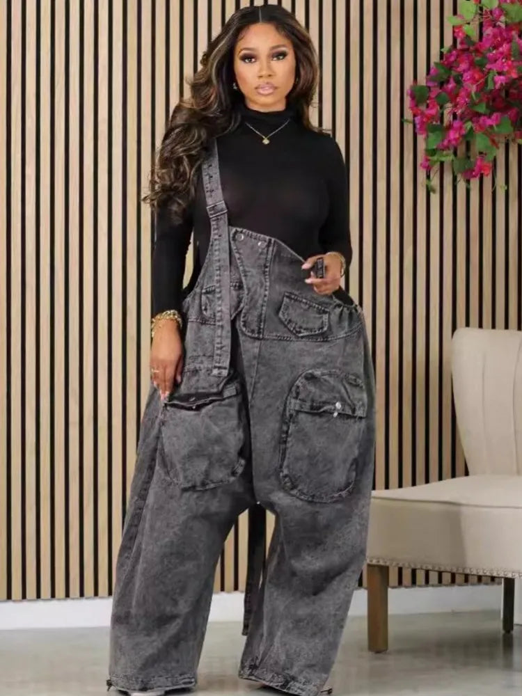 FZ Women's Loose Vintage Preppy Suspender Style Denim Jumpsuit - FZwear