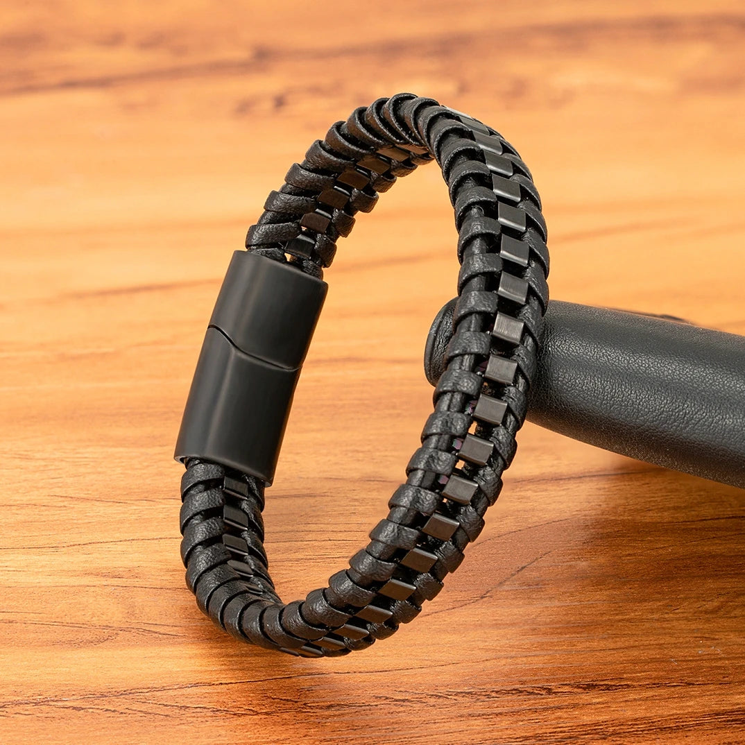 FZ Braided Rope Woven Black Leather Stainless Steel Bracelet - FZwear