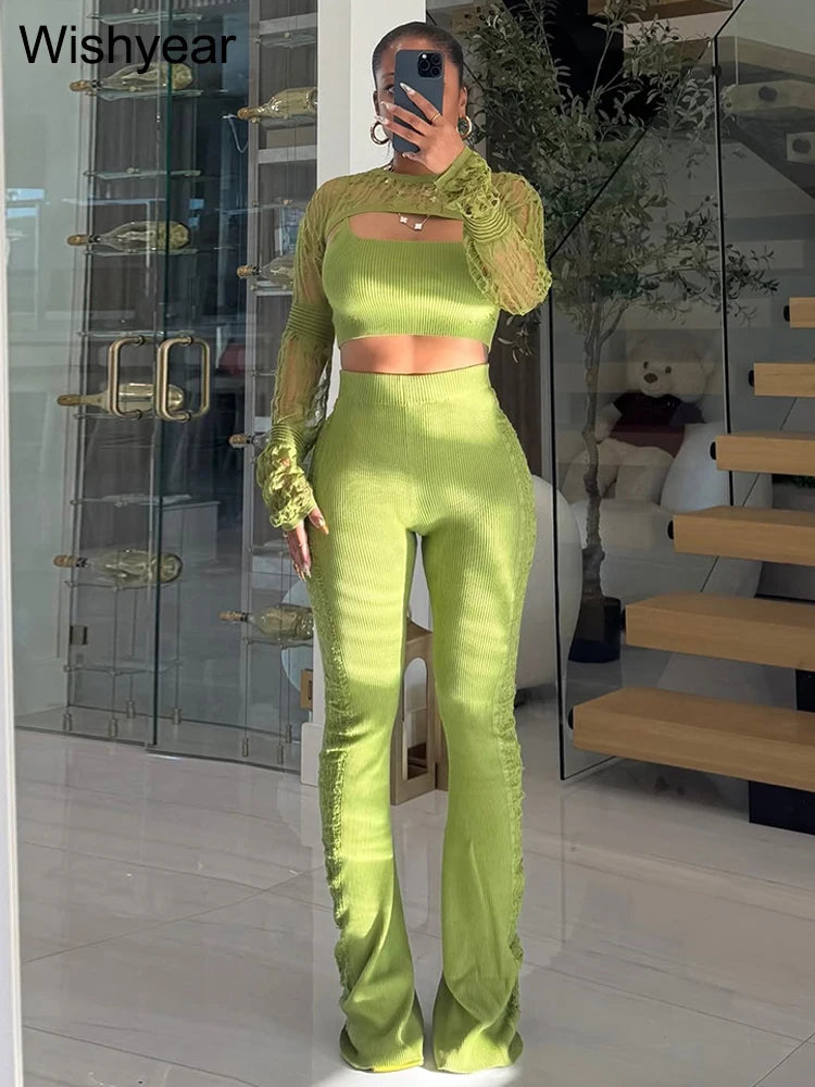 FZ Women's Hollow Out Skinny Long Sleeve Streetwear Knitted 3 Piece Pants Suits