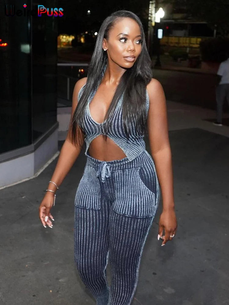 FZ Women's Casual Crochet Halter Skinny Stretch Two Piece Pants Suit - FZwear