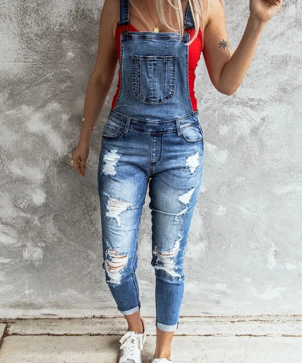 FZ Women's Ripped Elastic One Piece Denim Jumpsuit