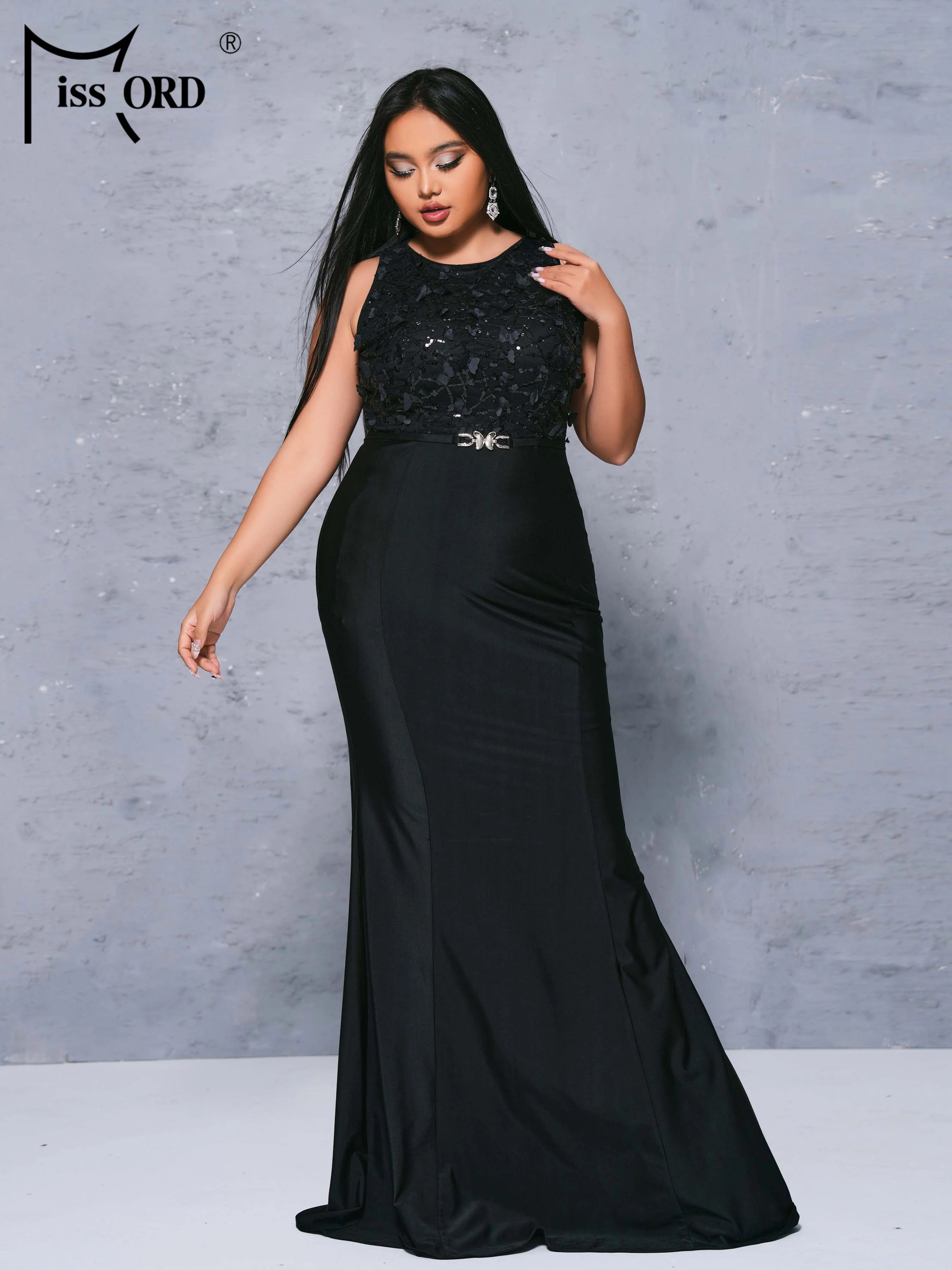 FZ Women's Plus Size Round Neck Sleeveless Panel Black Mermaid Evening Dress\