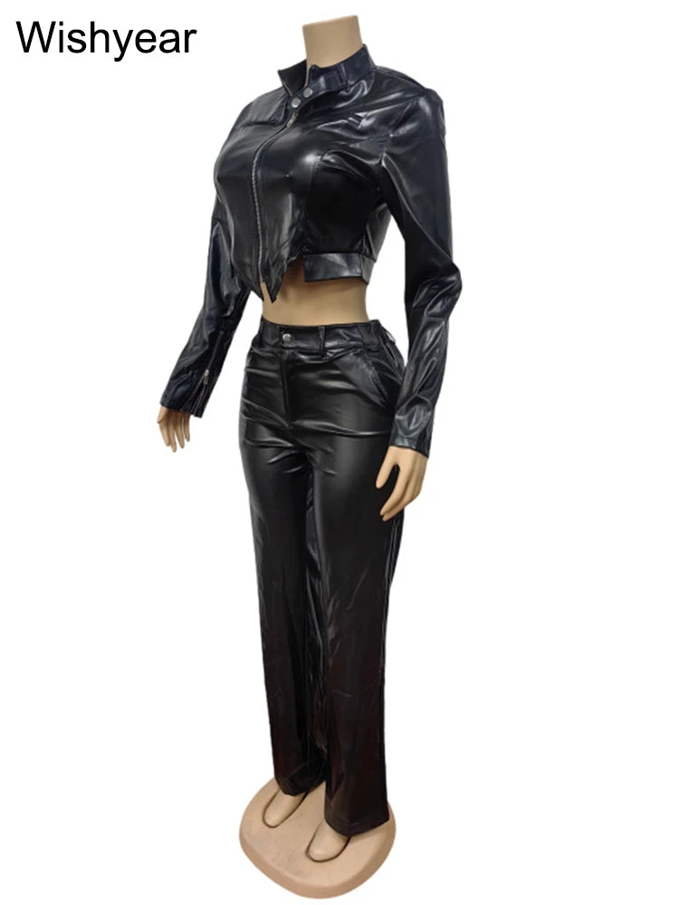 FZ Women's Stretch PU Leather 2 Pieces Long Sleeves Zipper Pants Suit