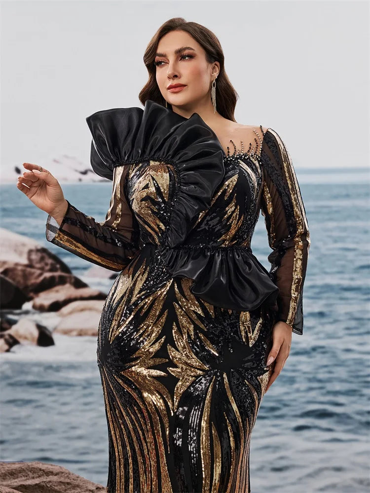 FZ Women's Plus Size Ruffled Sequins Long Sleeve Mermaid Evening Dress