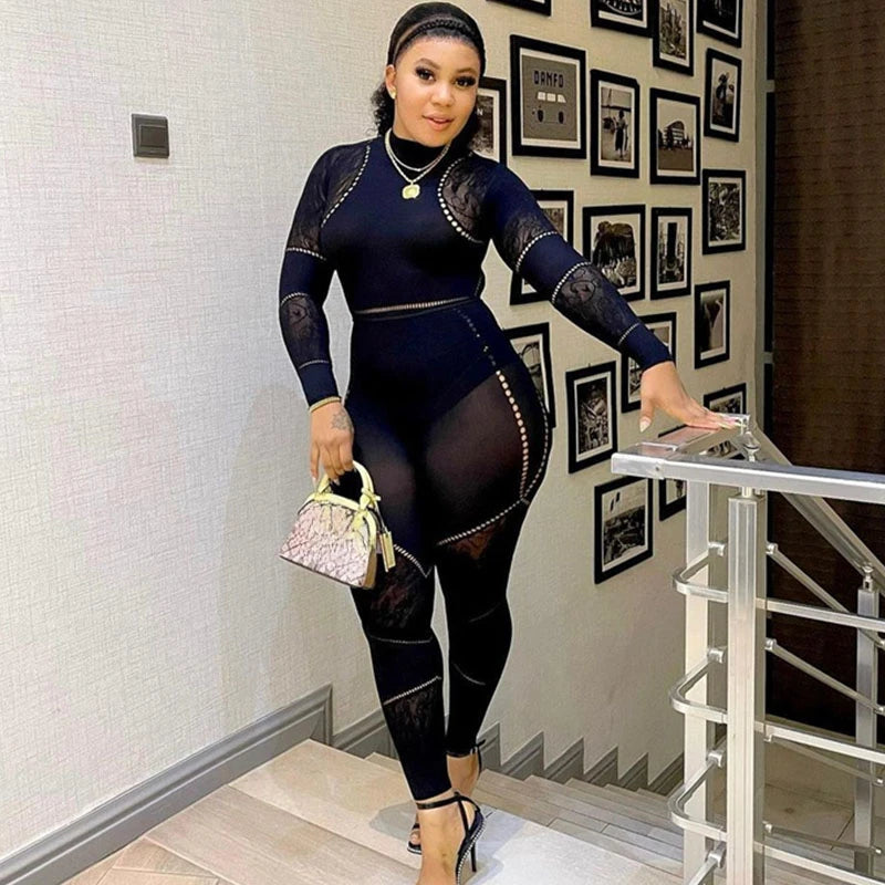 FZ Women's See Though Mesh Patchwork Skinny Long Sleeve Jumpsuit