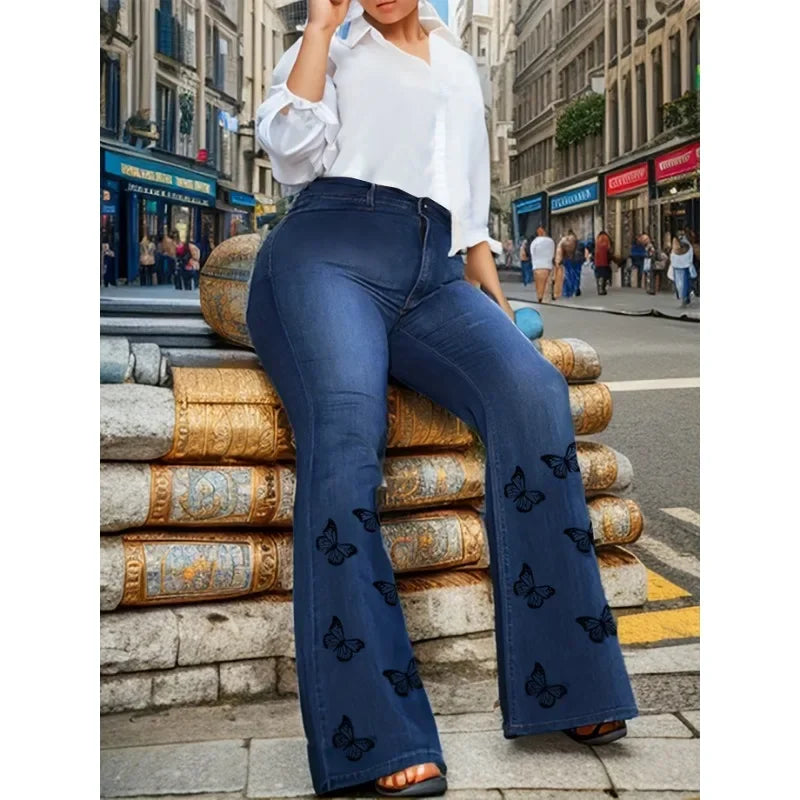 Women's Plus Size Butterfly Print Jeans, Women's Plus Fly Flare Leg Casual Jeans FZwear