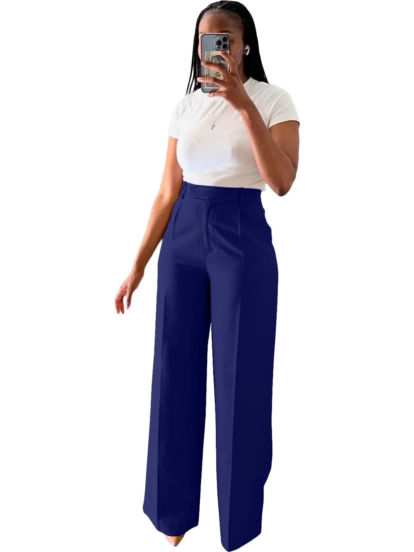 FZ Women's Solid Button Pocket Straight Wide Leg High Waisted Pants