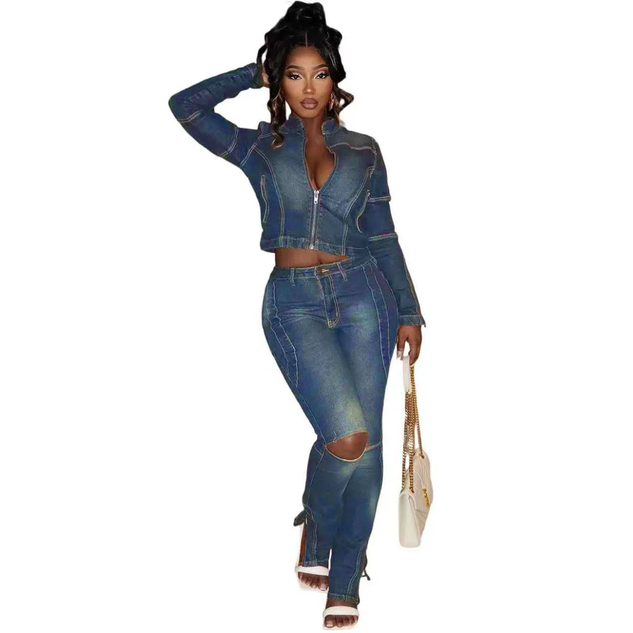 FZ Women's Y2K Streetwear Skinny 2 Piece Pencil Denim Pants Suit