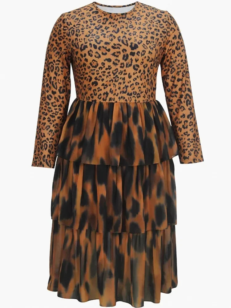 FZ Women's Plus Size Leopard Printed Retro High Street Midi African Dress