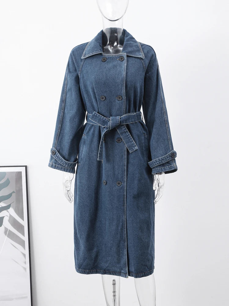 FZ Women's Belt Vintage Double Breasted Turndown Collar Denim Long Jacket - FZwear