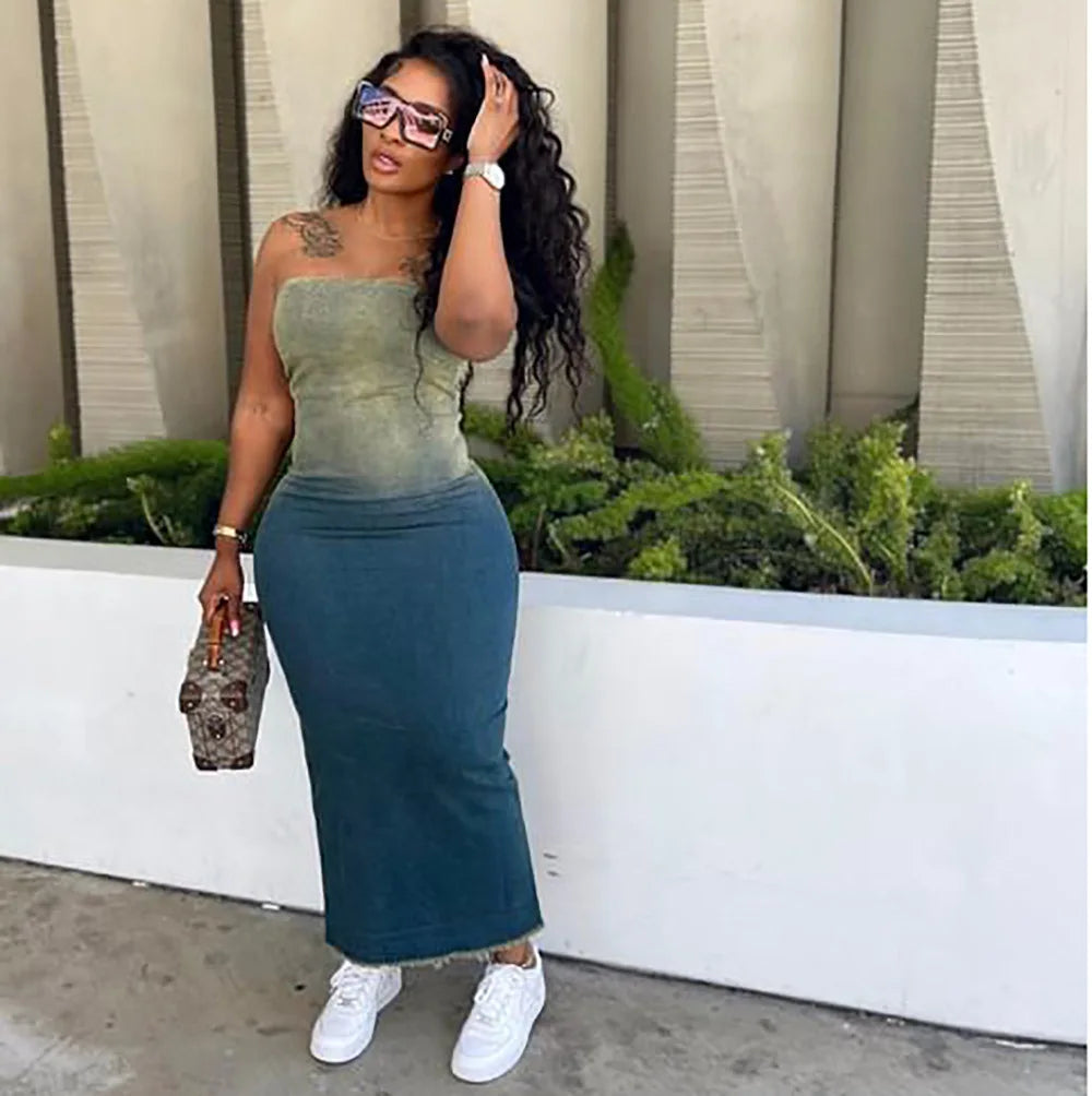 FZ Women's Gradient Strapless Stretch Sexy Denim Dress - FZwear