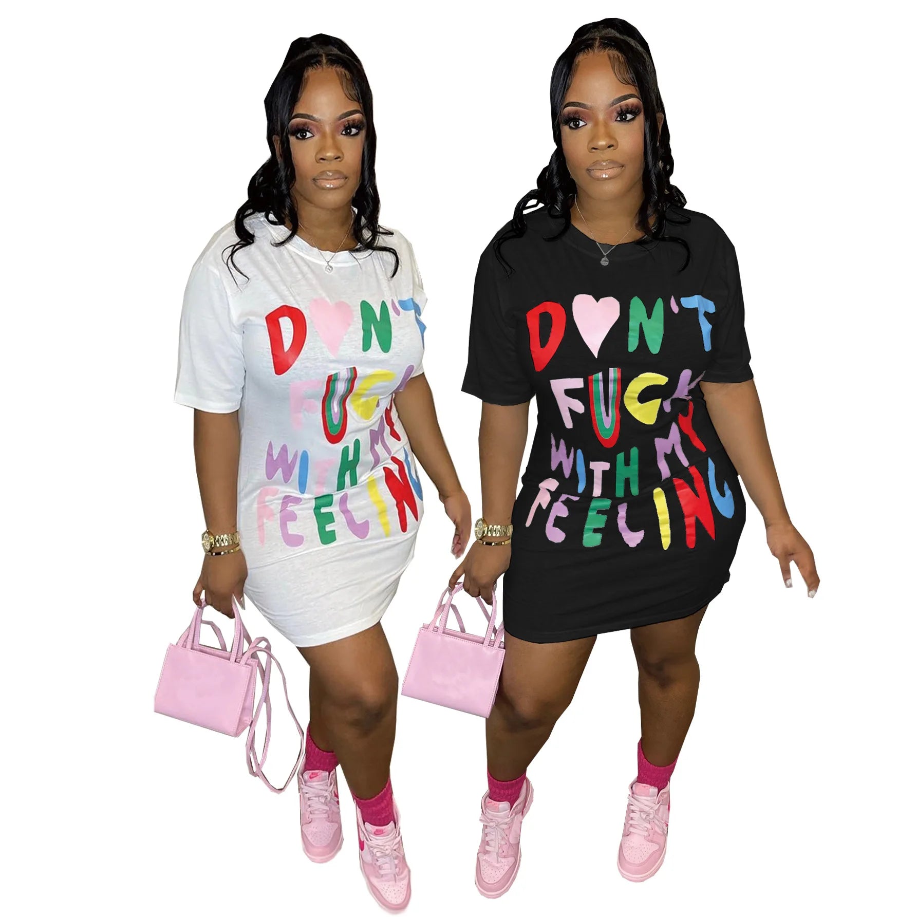 FZ Women's Stylish Multicolor Contrasting Letter Oversized Tee