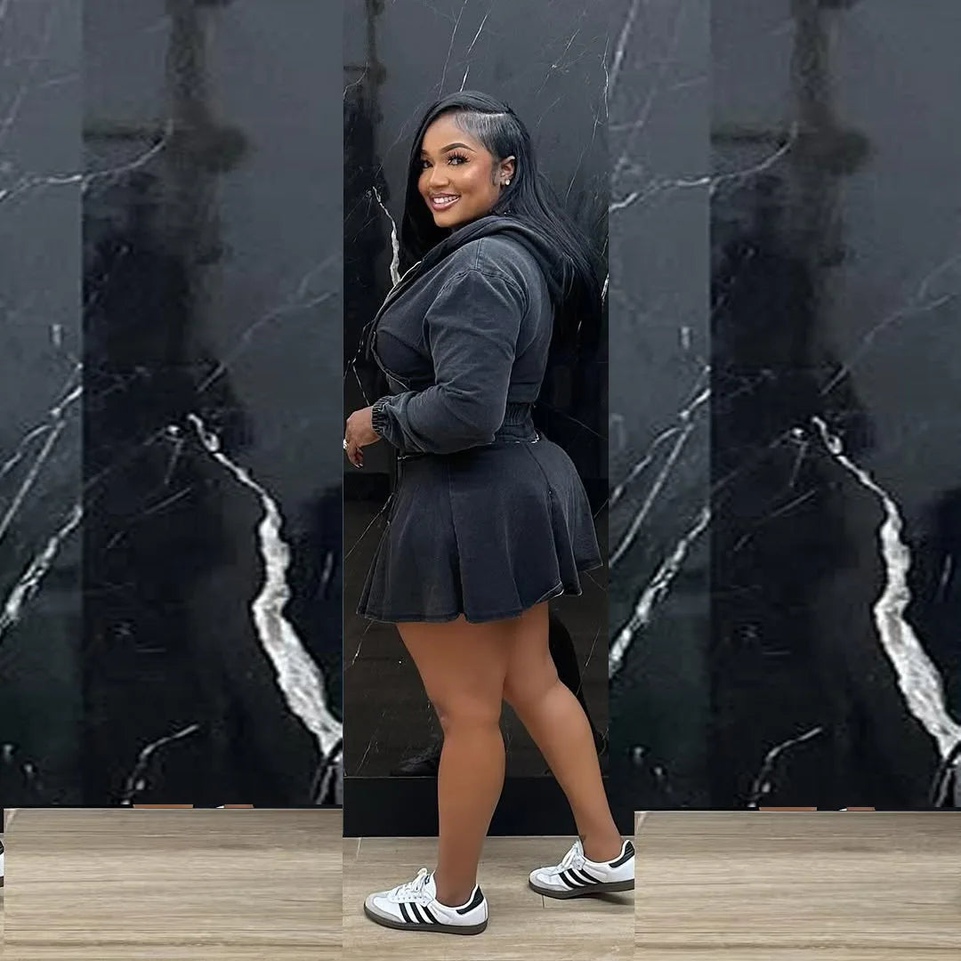 FZ Women's Long Sleeve Hooded Pleated Two Piece Denim Skirt Suit