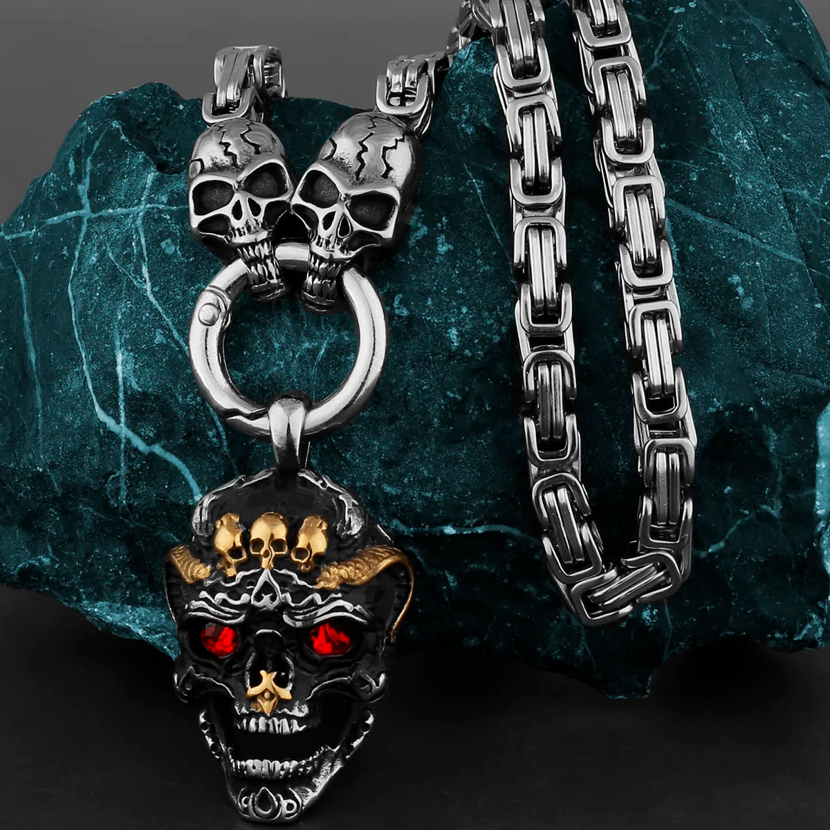 FZ Stainless Steel Thor's Hammer Retro Pendant Skull Square Necklace - FZwear