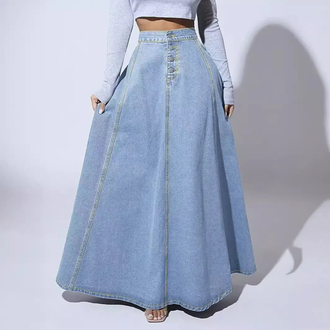 FZ Women's A Line High Waist Vintage Maxi Splice Y2k Streetwear Denim Skirt