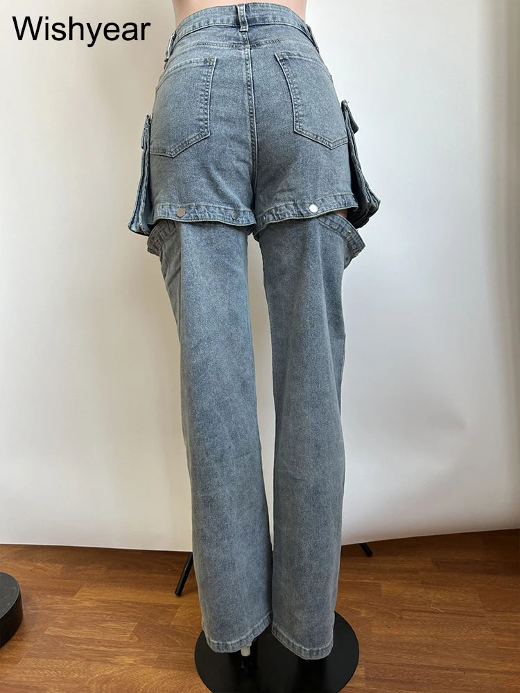 FZ Women's Stretch Detachable High Waist Hollow Out Denim Pants - FZwear