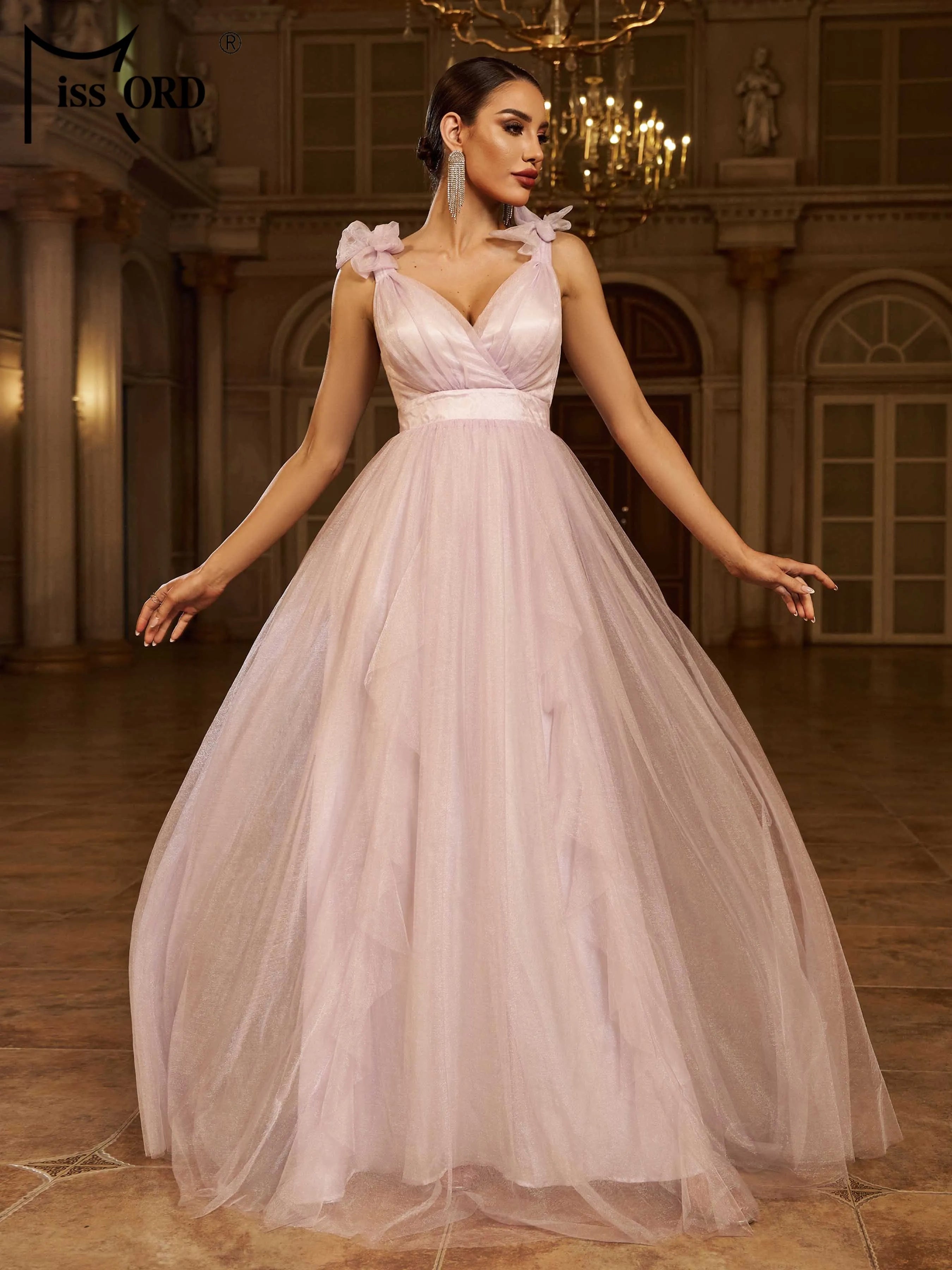 FZ Women's V Neck A Line Tulle Perform Maxi Prom Dress