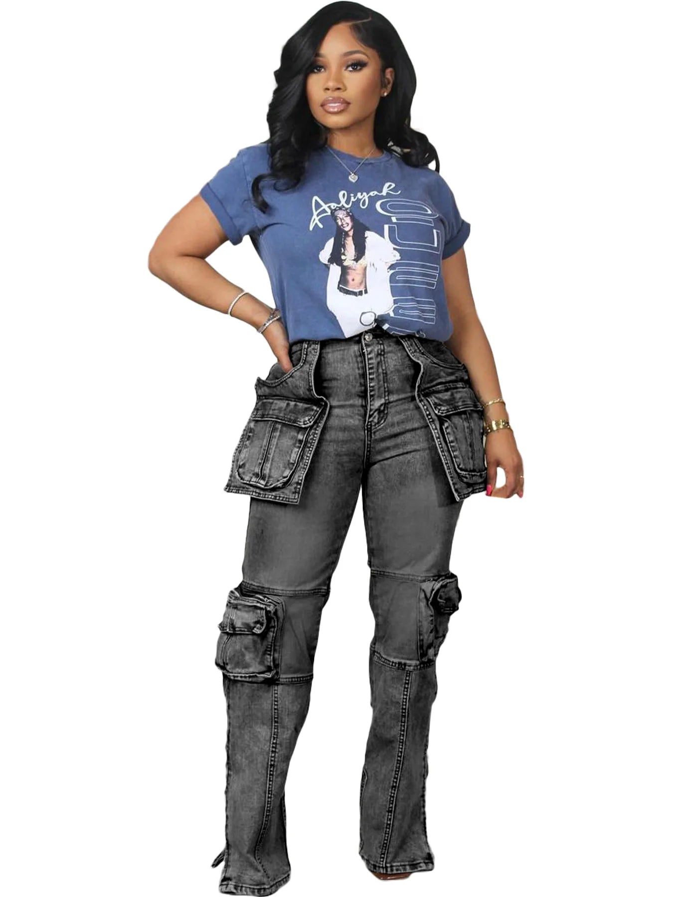 FZ Women's Vintage Washed Distressed Spliced High Waist Denim Pants