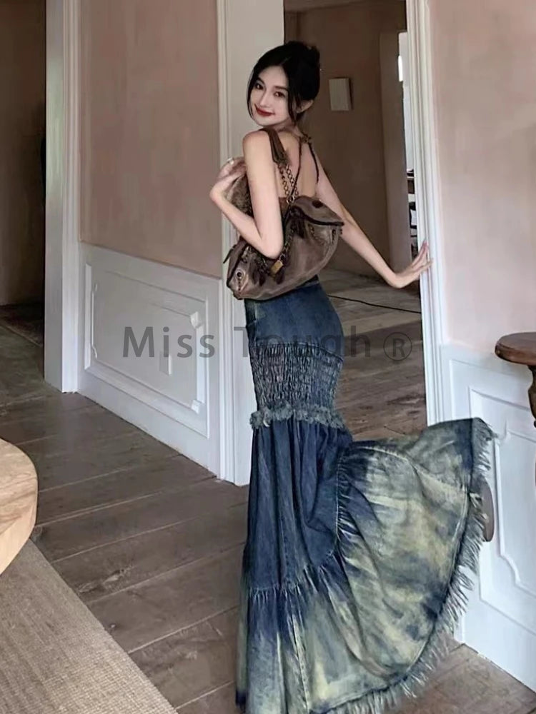 FZ Women's Patchwork Fishtail High Waist Retro Vintage Denim Skirt DSers