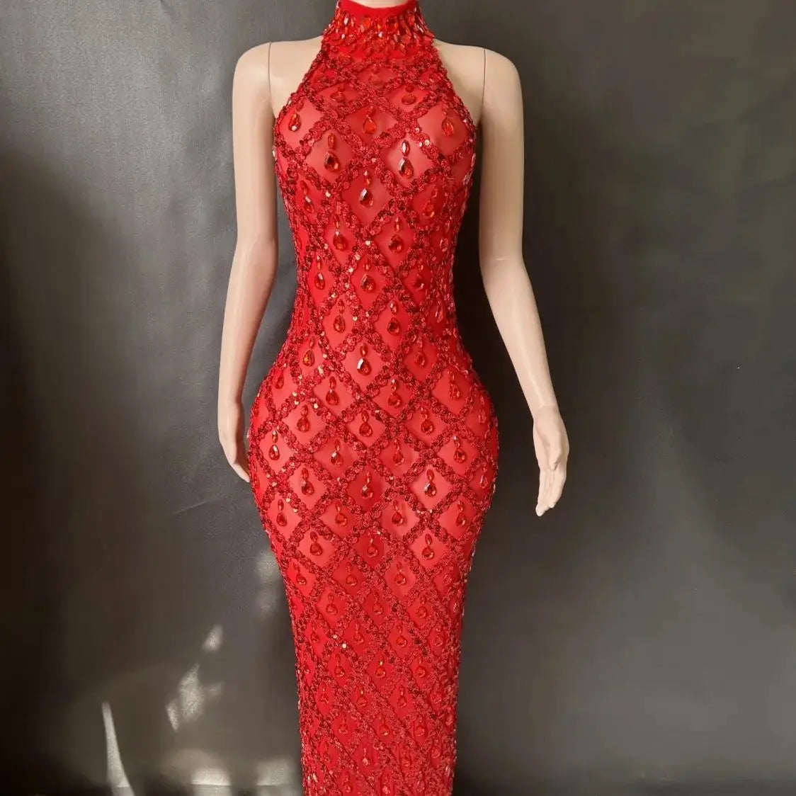 Shiny Rhinestone Turtleneck Sleeveless Sexy Mesh Perspective Plaid Evening Reception Dress Skirt Hollow FZwear