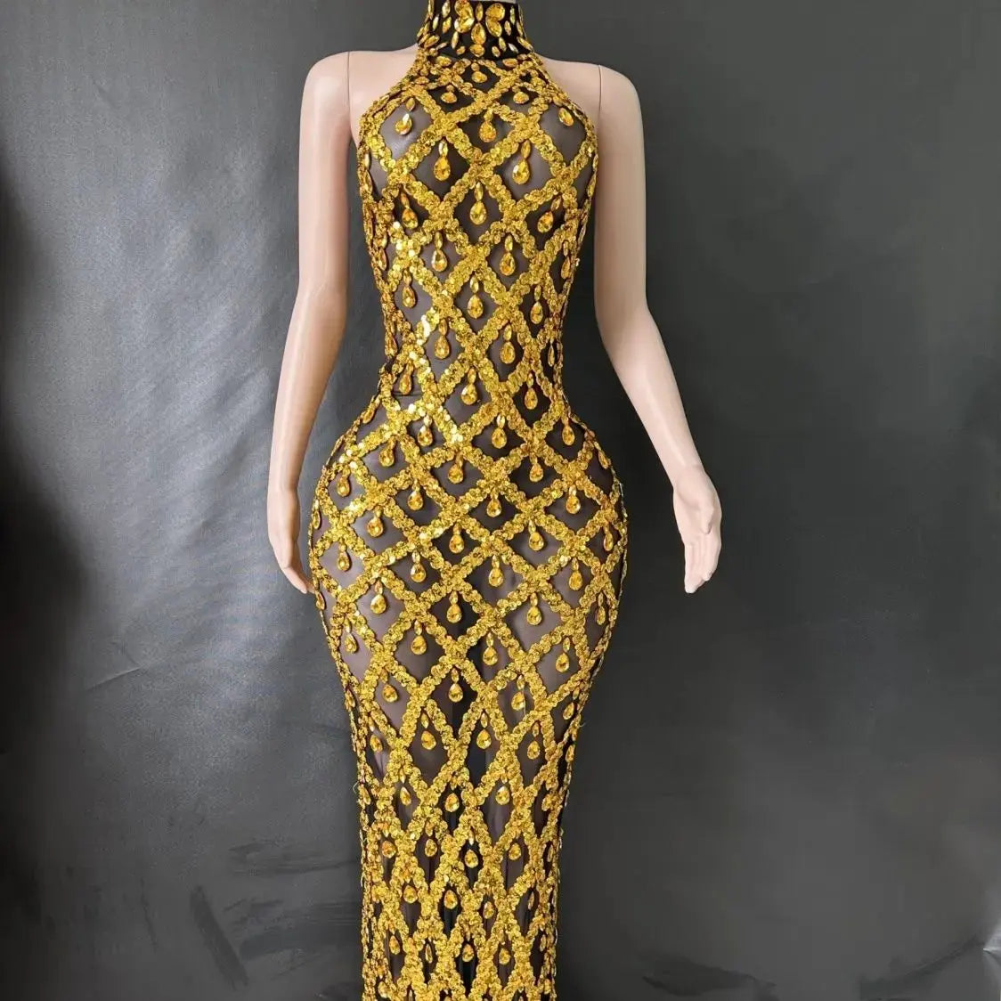 Shiny Rhinestone Turtleneck Sleeveless Sexy Mesh Perspective Plaid Evening Reception Dress Skirt Hollow FZwear