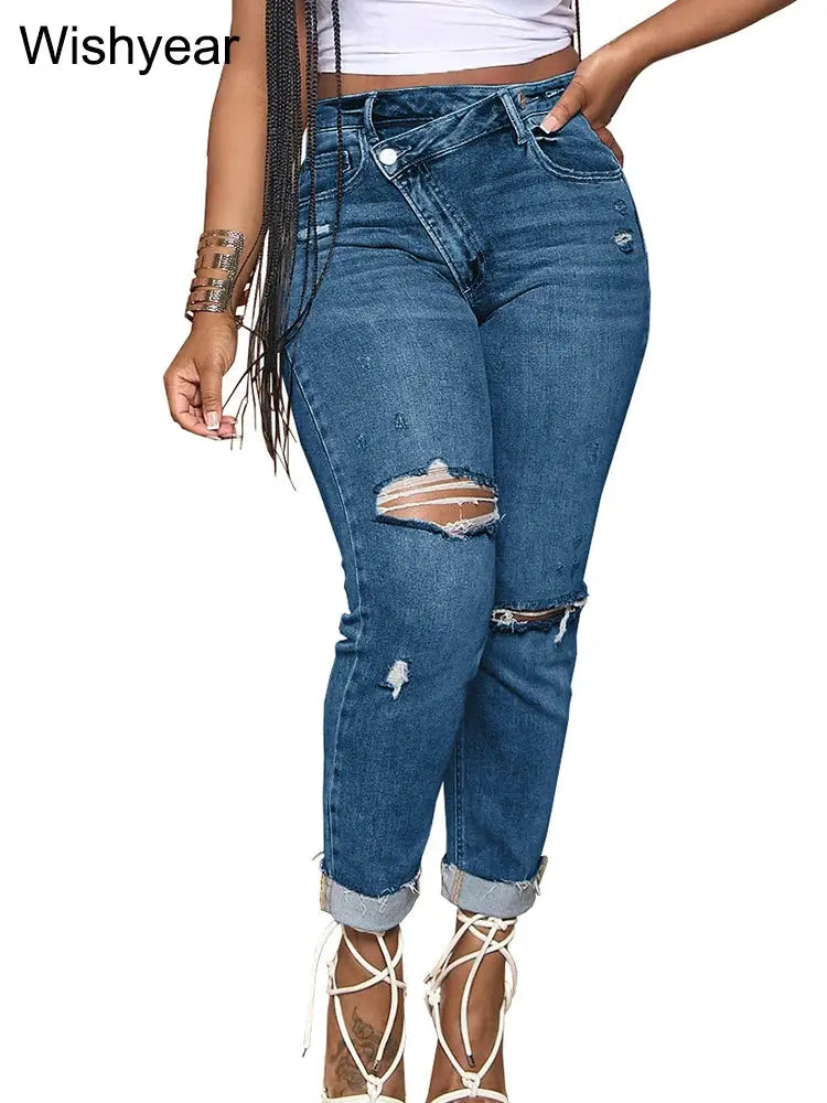 Slanting Button Skinny Jeans Washing Ripped Denim Hole Pencil Pants Slim Pockets High Street Blue Strech Trousers Women Bottoms FZwear