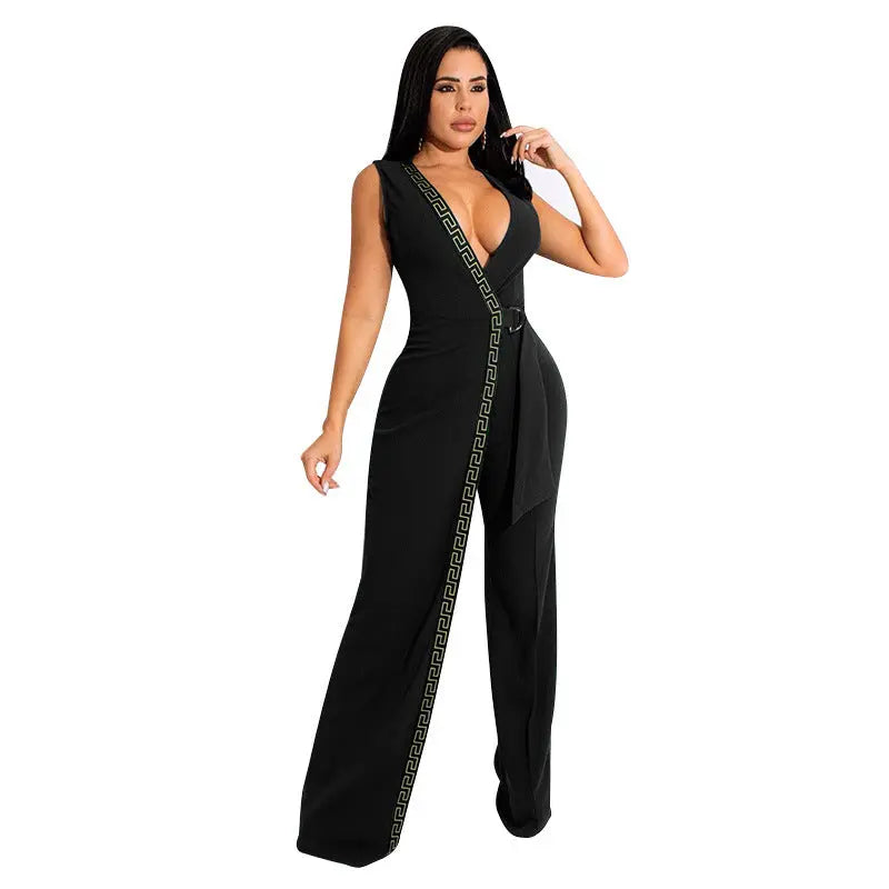 Spring Deep V Plunge Neck Slim Fit Jumpsuit Simple Smart Trousers Containing Belt MOOYAA