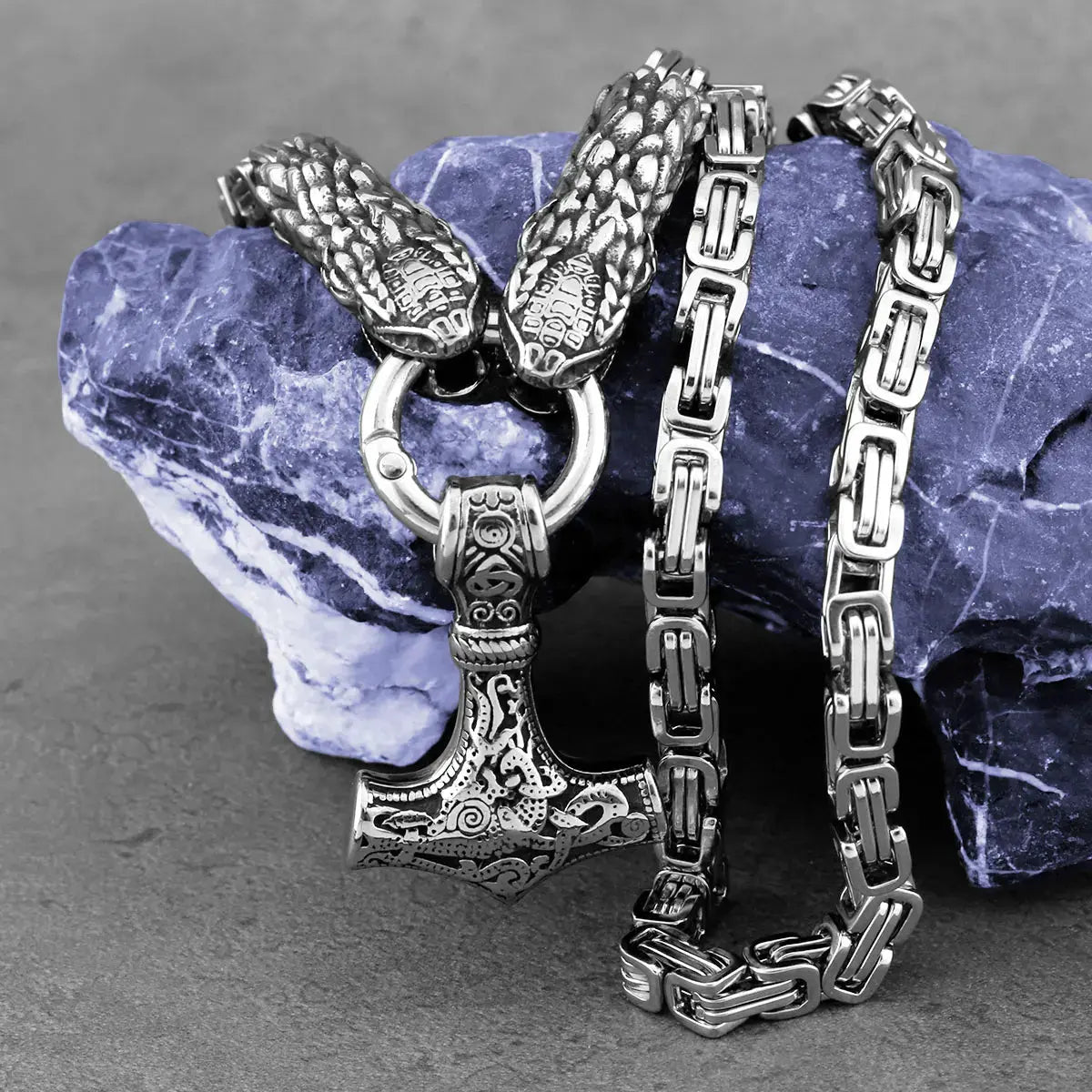 Stainless Steel Men's Viking Thor's Hammer Pendant Snake Head Square Necklace Fashion Hip Hop Biker Nordic Jewelry Wholesale FZwear