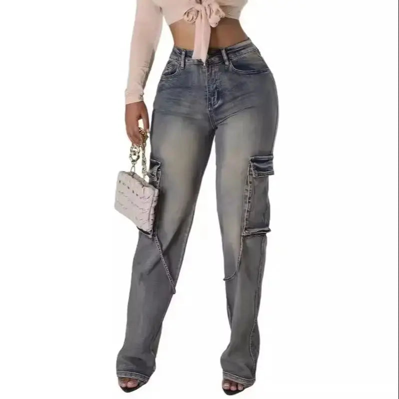 Stretchy Autumn New Ladies Cargo Jeans American Street Style Baggy Cargo Pants Women Blue Multi-pocket Wide Leg Jeans for Women FZwear