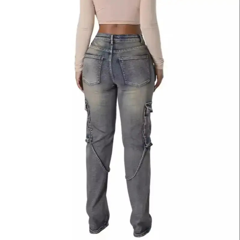 Stretchy Autumn New Ladies Cargo Jeans American Street Style Baggy Cargo Pants Women Blue Multi-pocket Wide Leg Jeans for Women FZwear