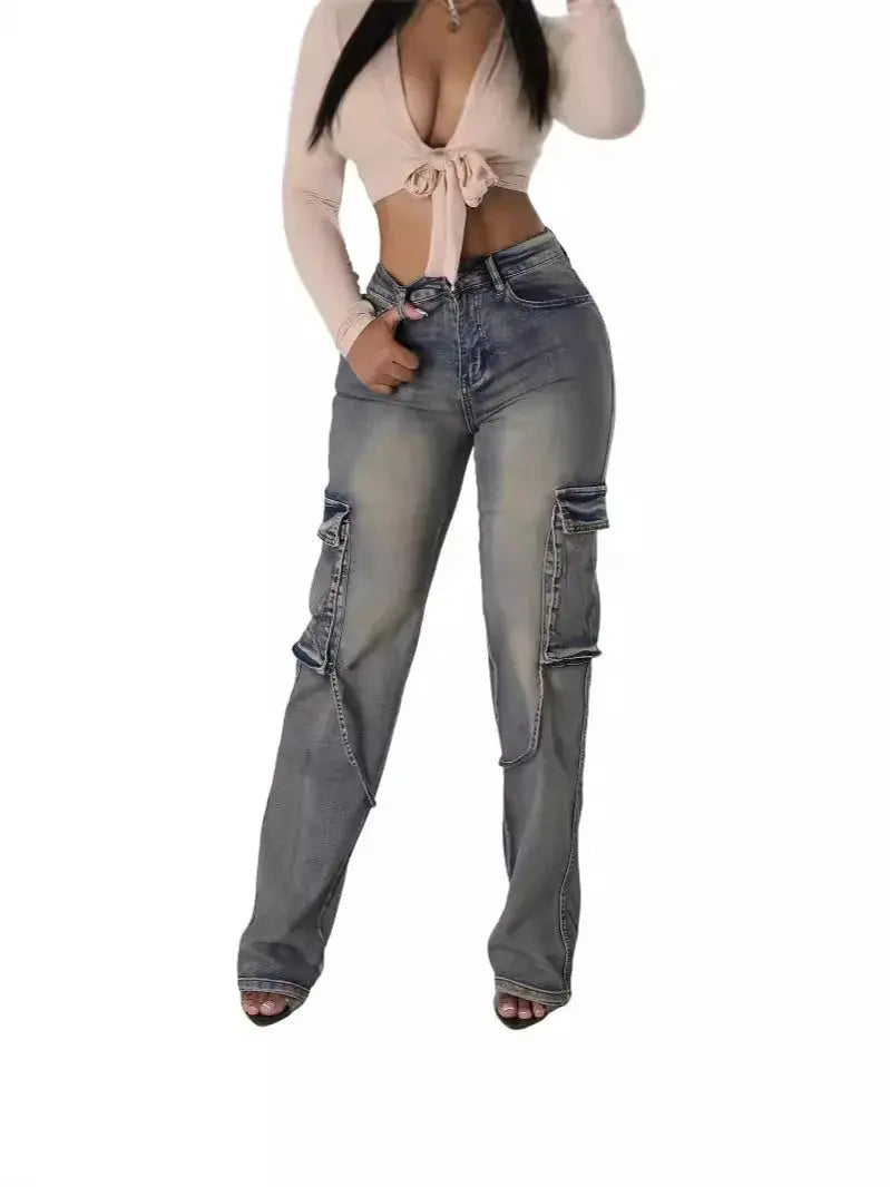 Stretchy Autumn New Ladies Cargo Jeans American Street Style Baggy Cargo Pants Women Blue Multi-pocket Wide Leg Jeans for Women FZwear