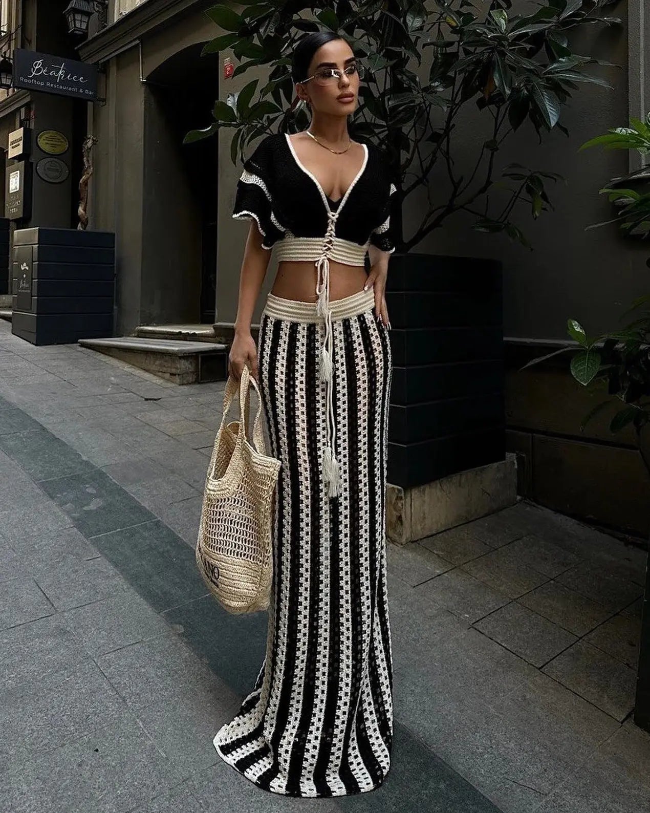 Summer Women Clothing Sexy V Neck Hollow Out Cutout Striped Knitted Women Skirt Set MSTYLE