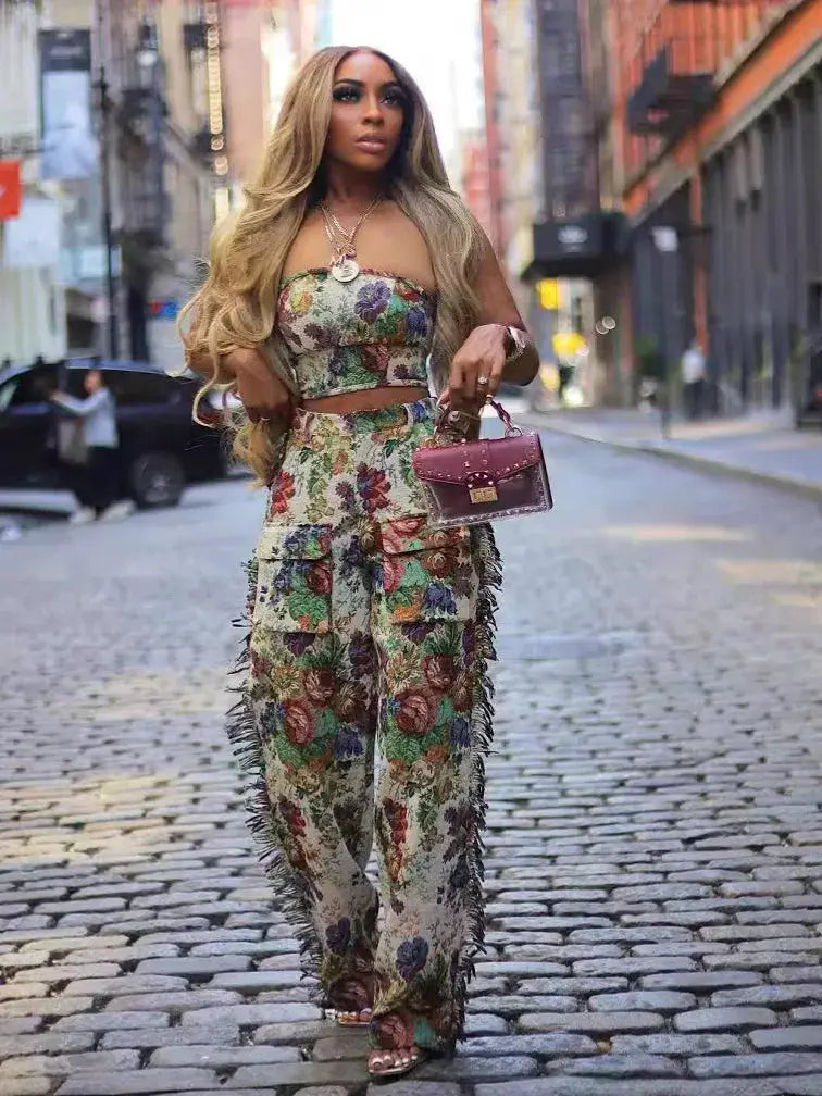 FZ Women's Sexy Lace Up Strapless Cargo Straight Leg Two Piece Pants Suit