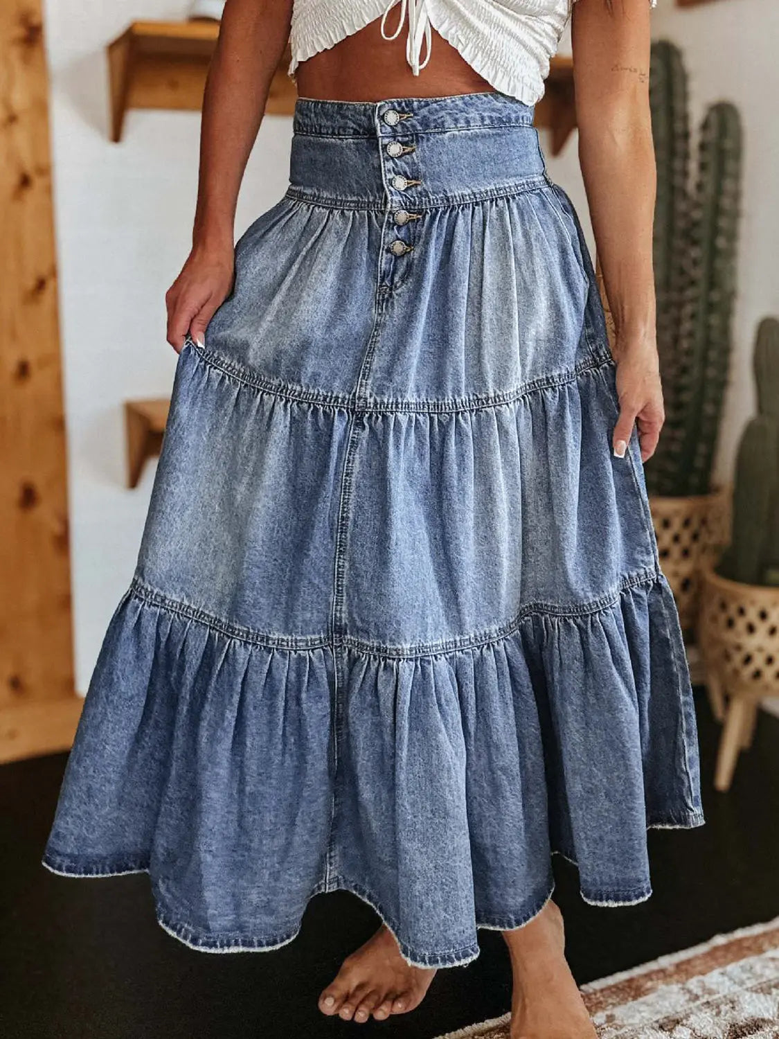 Tiered Button-Fly Denim Skirt Trendsi