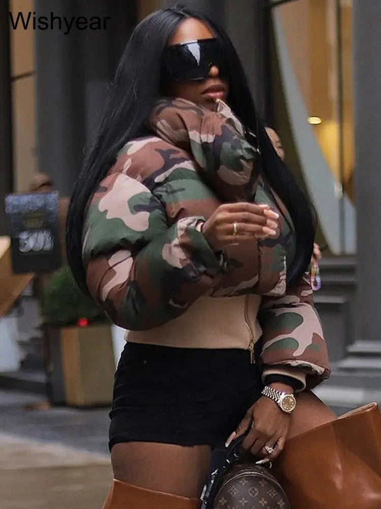Vintage Women Camouflage Zipper Puffer Jacket Long Sleeve Stand Collar Winter Camo Bubble Cotton Coats Boyfriend Crop Parkas New FZwear