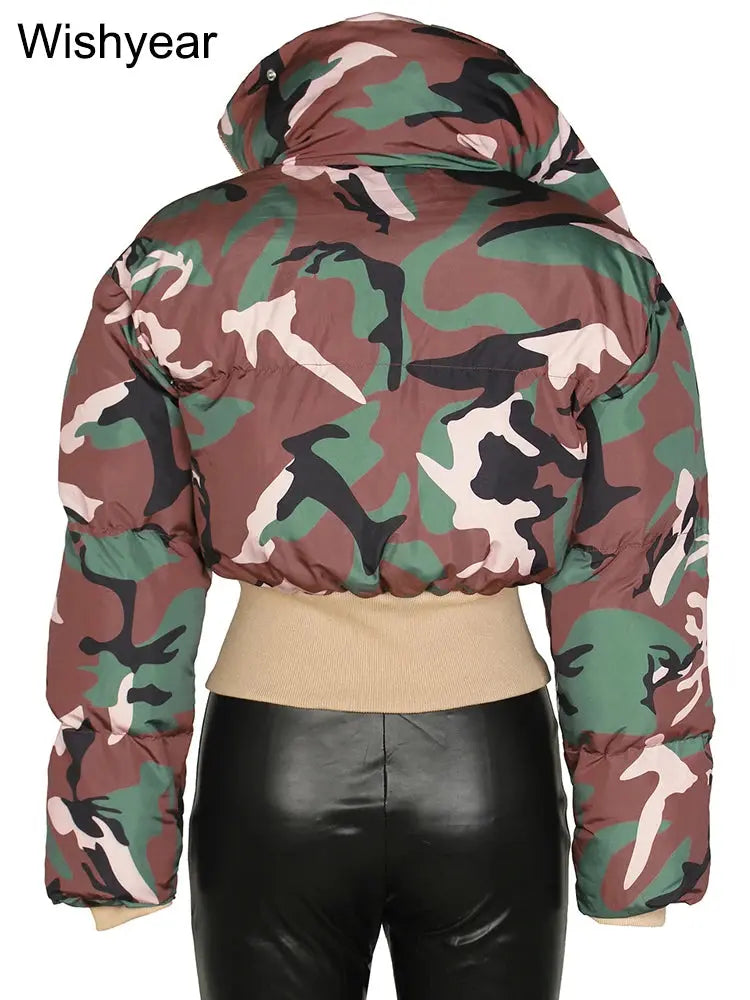 Vintage Women Camouflage Zipper Puffer Jacket Long Sleeve Stand Collar Winter Camo Bubble Cotton Coats Boyfriend Crop Parkas New FZwear