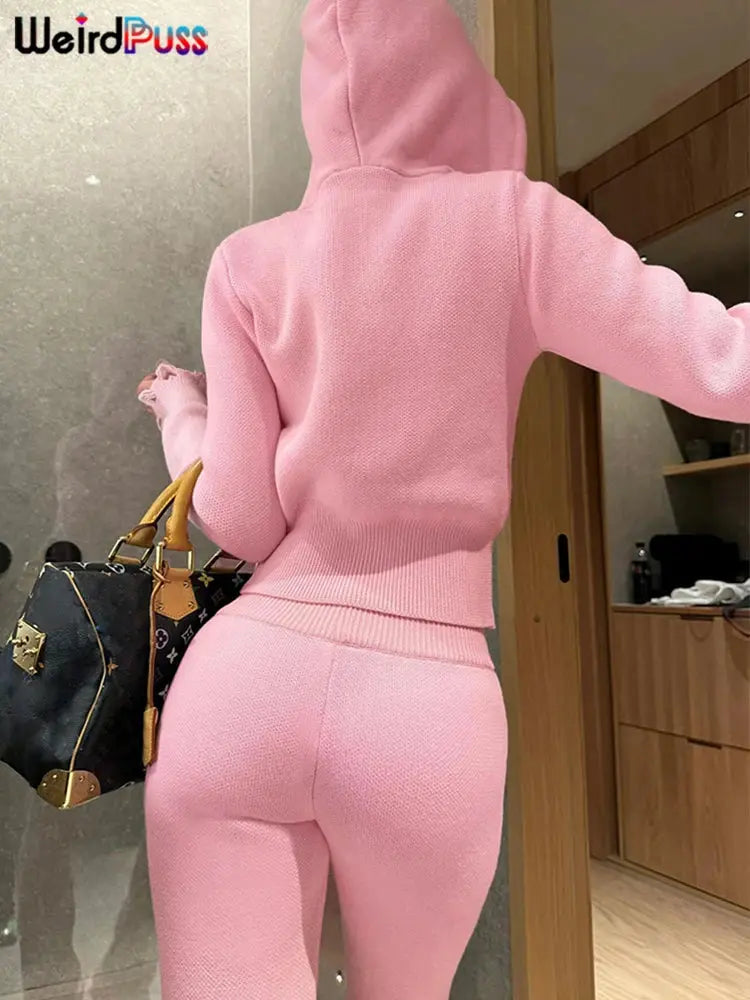 Weird Puss Casual Sporty 2 Piece Set Women Tracksuit Knit Hooded Zip Jacket+Straight Pants Sporty Stretch Matching Streetwear FZwear