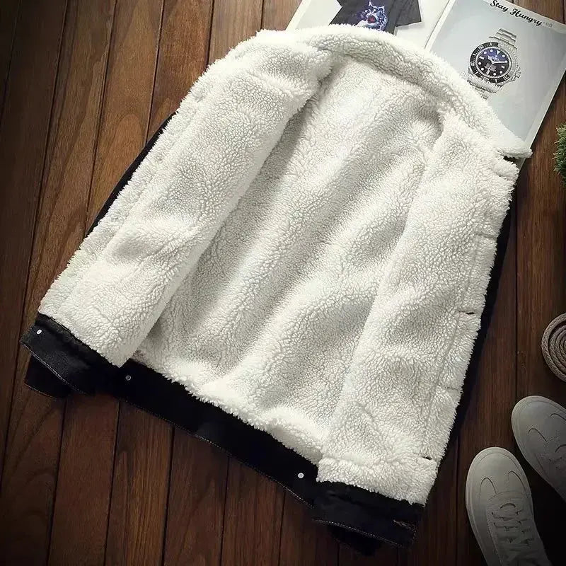 Winter Vintage Fleece-lined Denim Jacket Men's Wear Trendy Cotton-padded Coat Casual Scene Other Material FZwear