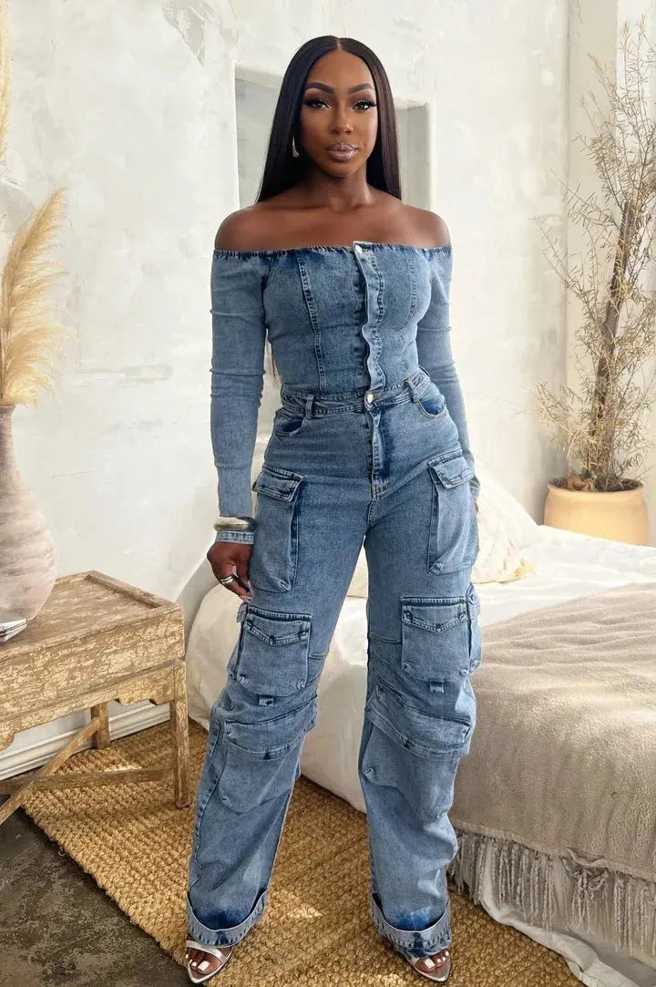 Women Cargo Multi-pocket Denim Jumpsuits Sexy Off Shoulder Long Sleeve Washed Jean Rompers Autumn Streetwear One Piece Overalls FZwear