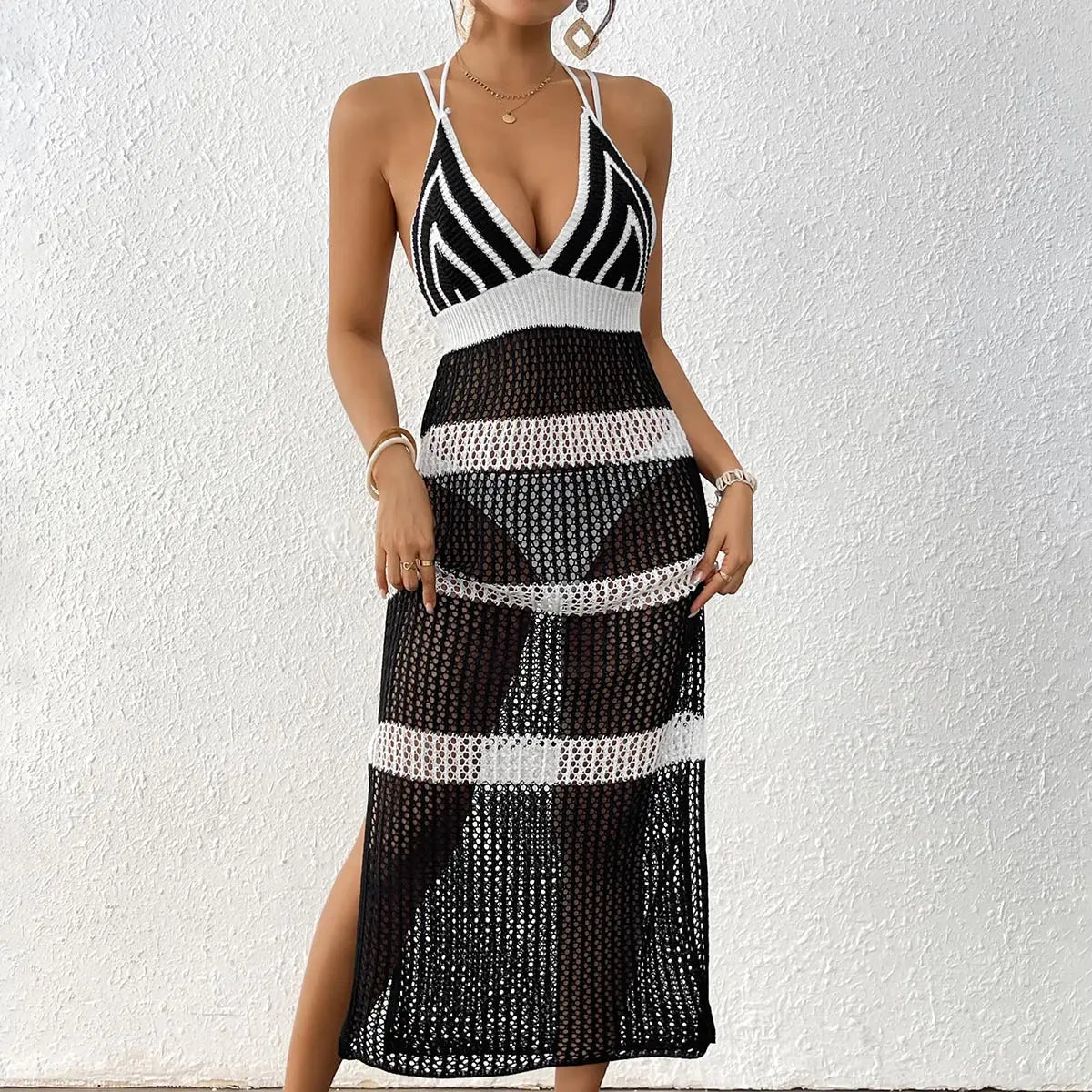 Women Dress Women Clothing Color Contrast Patchwork Suspender Skirt Tied Slim Fit Dress Beach Cover up Oyimi