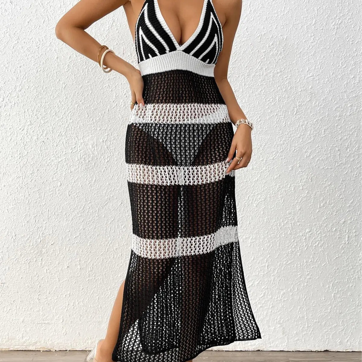 Women Dress Women Clothing Color Contrast Patchwork Suspender Skirt Tied Slim Fit Dress Beach Cover up Oyimi